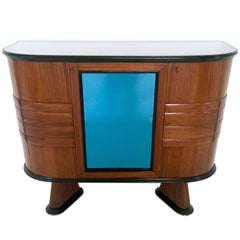 Italian Wood and Blue Mirror Bar Cabinet, 1950s