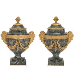French 19th Century Louis XVI St. Belle Époque Period Vert Antique Marble Urns 9
