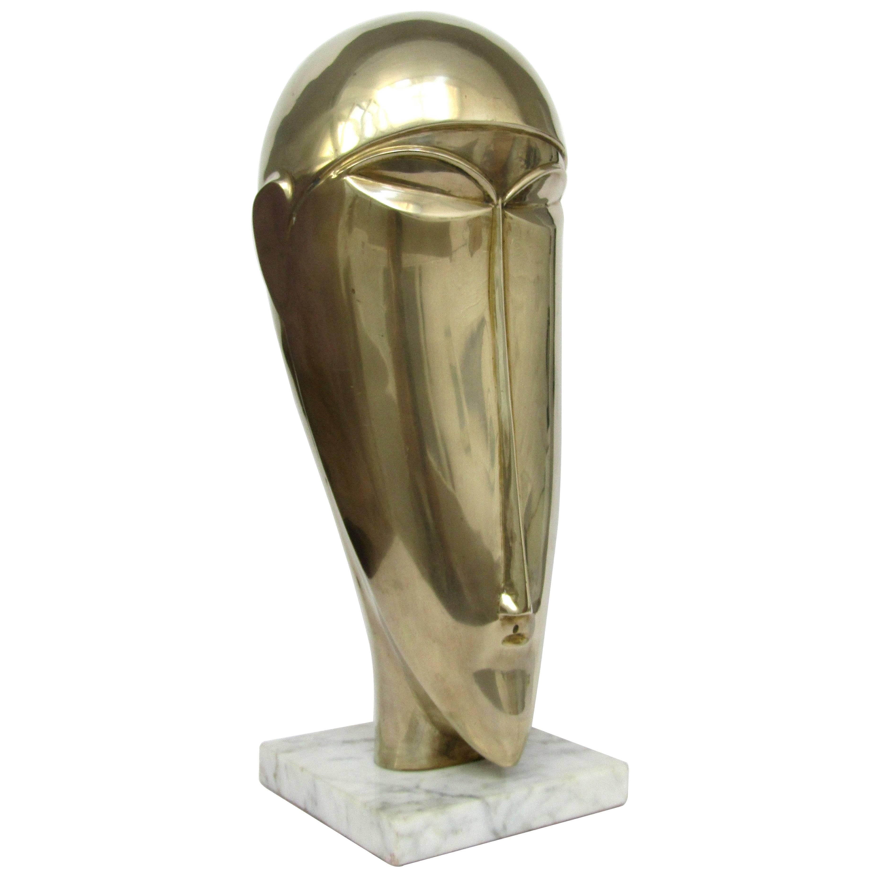 French 1930s Brass Modernist Sculpture of a Female Head