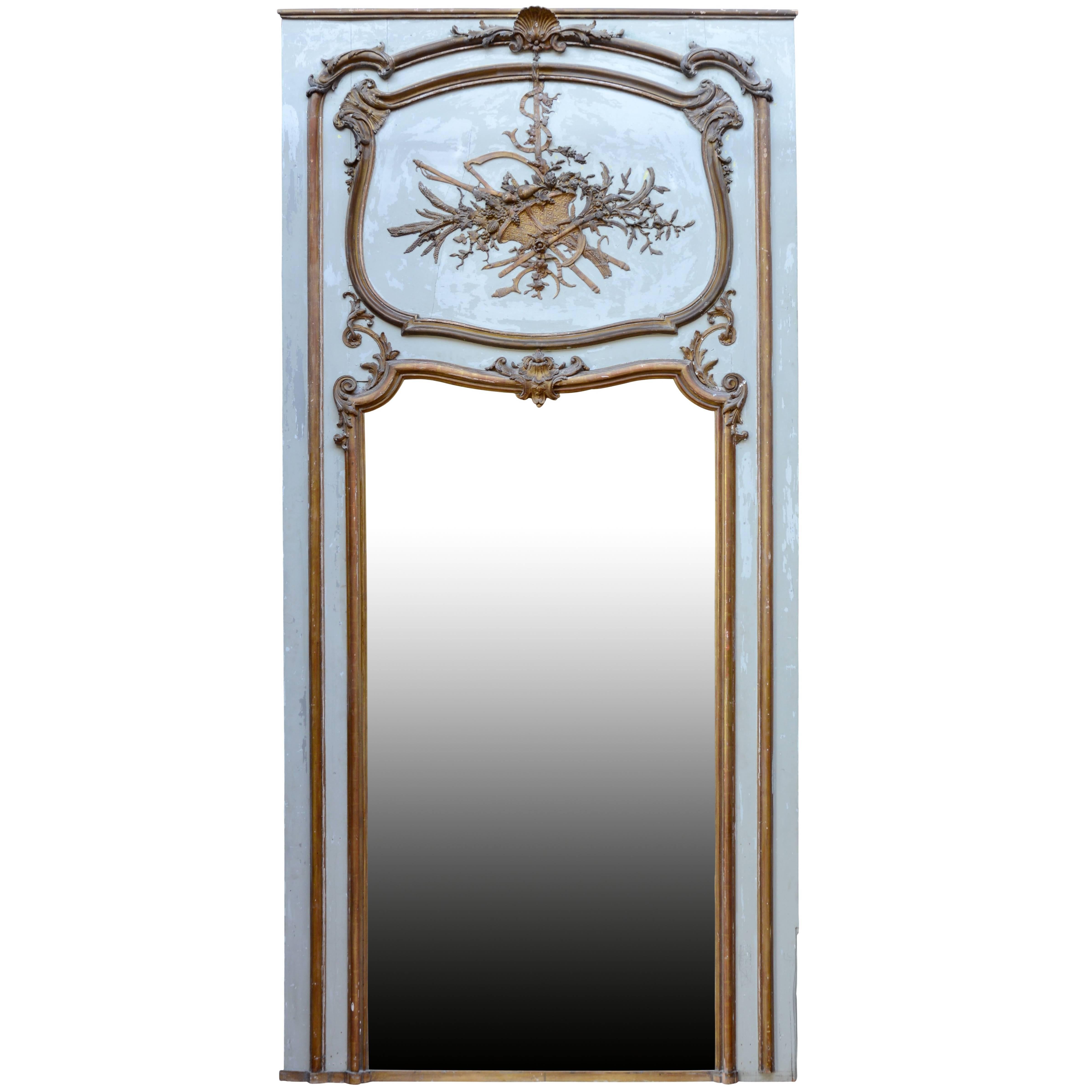 Louis XV Period Gilded Wood and Lacquered Grey Trumeau, 19th Century For Sale