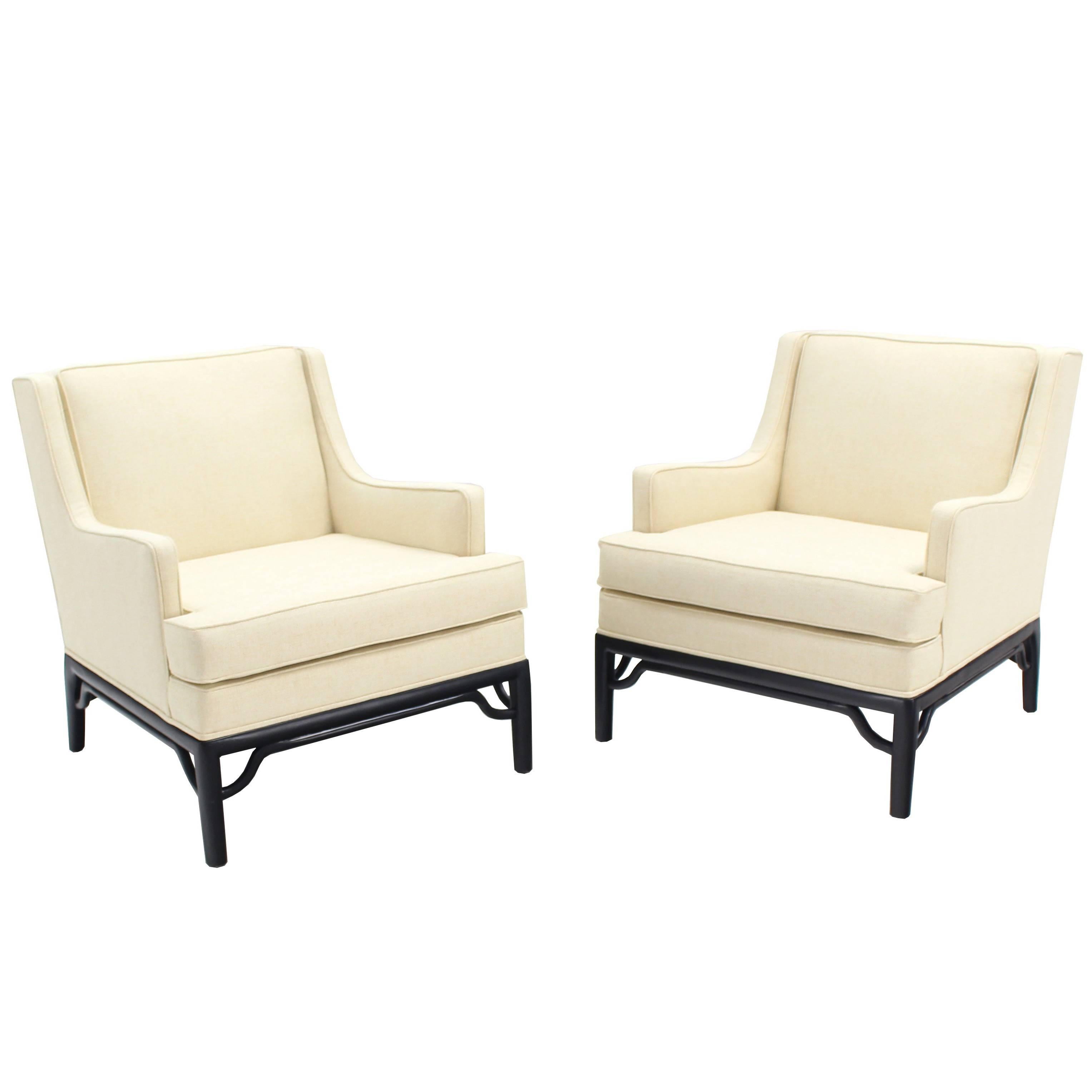 Pair of New Upholstery Faux Bamboo Ebonized Bases Lounge Chairs