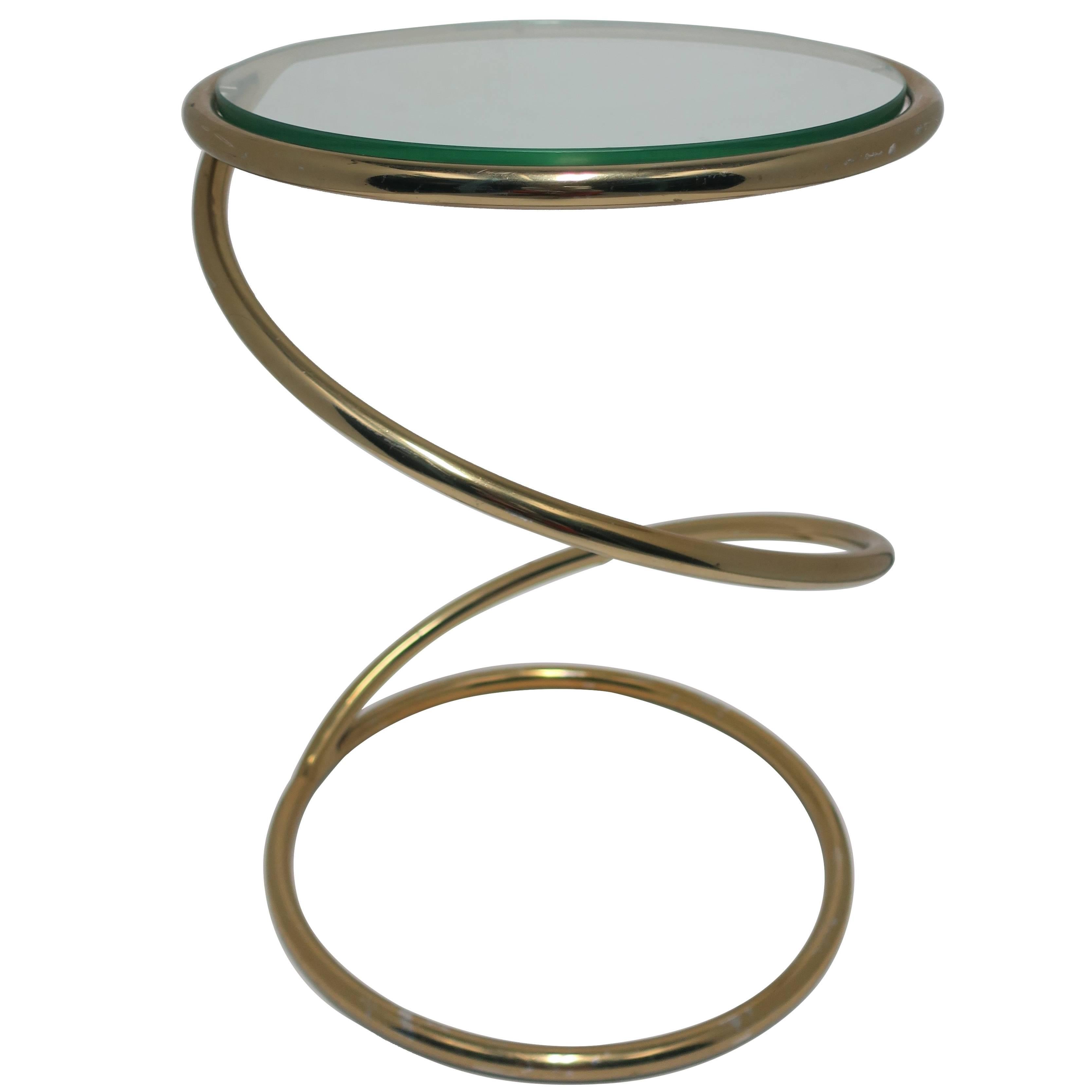 Vintage Modern Round Brass and Glass Twist Side Table after Milo Baughman, 1970s