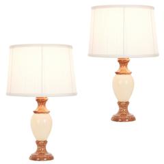 Pair of Marble and White Alabaster Table Lamp Bases C/W Shades 8