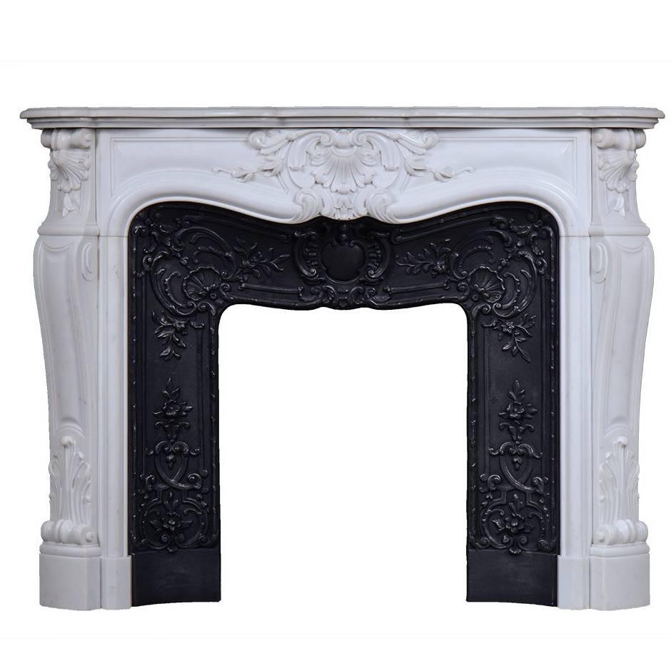 "Madame Du Barry", Louis XV Style Fireplace in White Carrara Marble For Sale