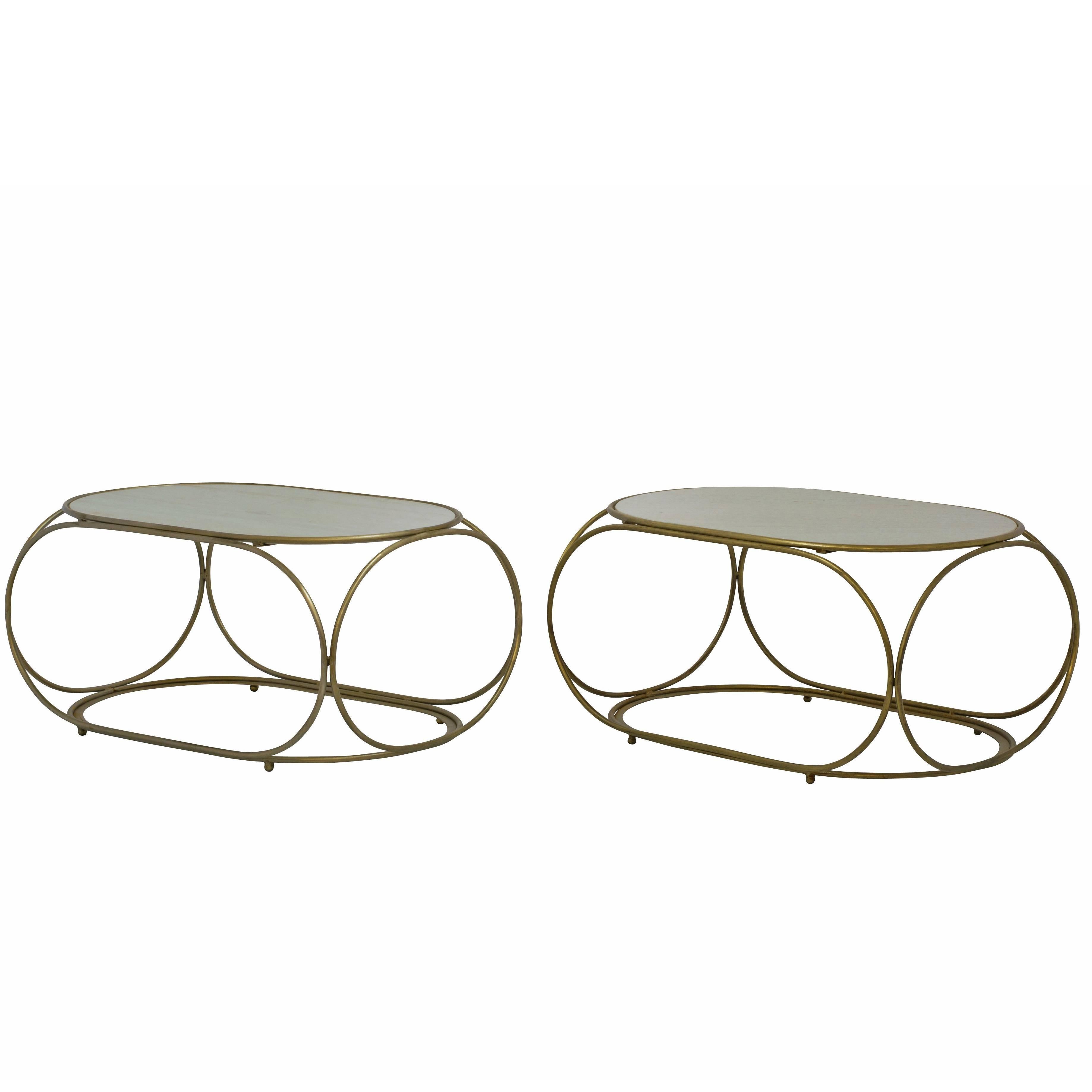 Vintage Italian Modern Cocktail Table in Brushed Gold with Marble Stone Top For Sale at 1stDibs