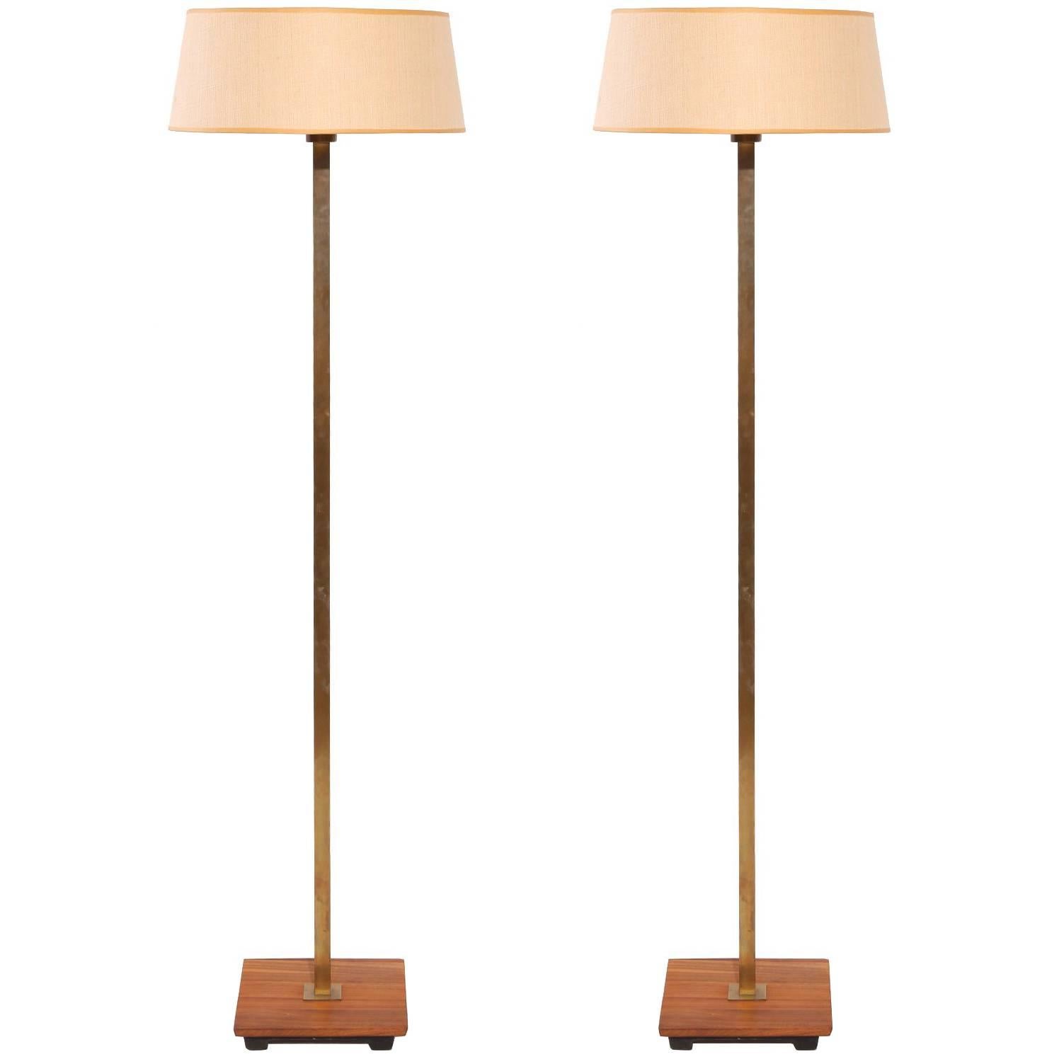 Pair of Early Nessen Bronze and Walnut Floor Lamps