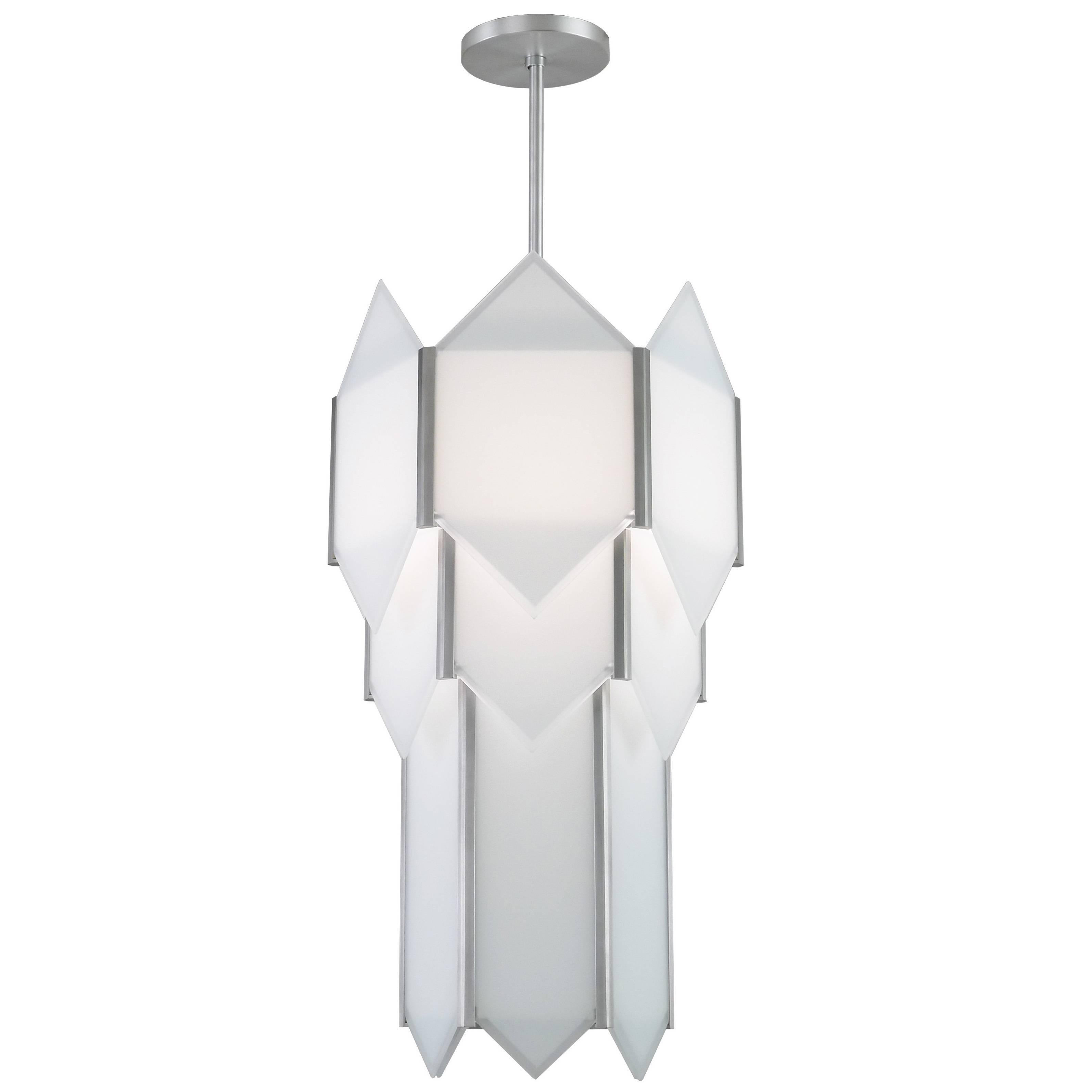Art Deco Style Skyscraper Chandelier in Stainless Steel with White Glass Panels For Sale