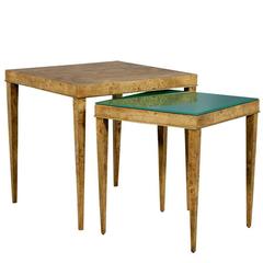 Burled Wood and Green Glass Nesting Tables