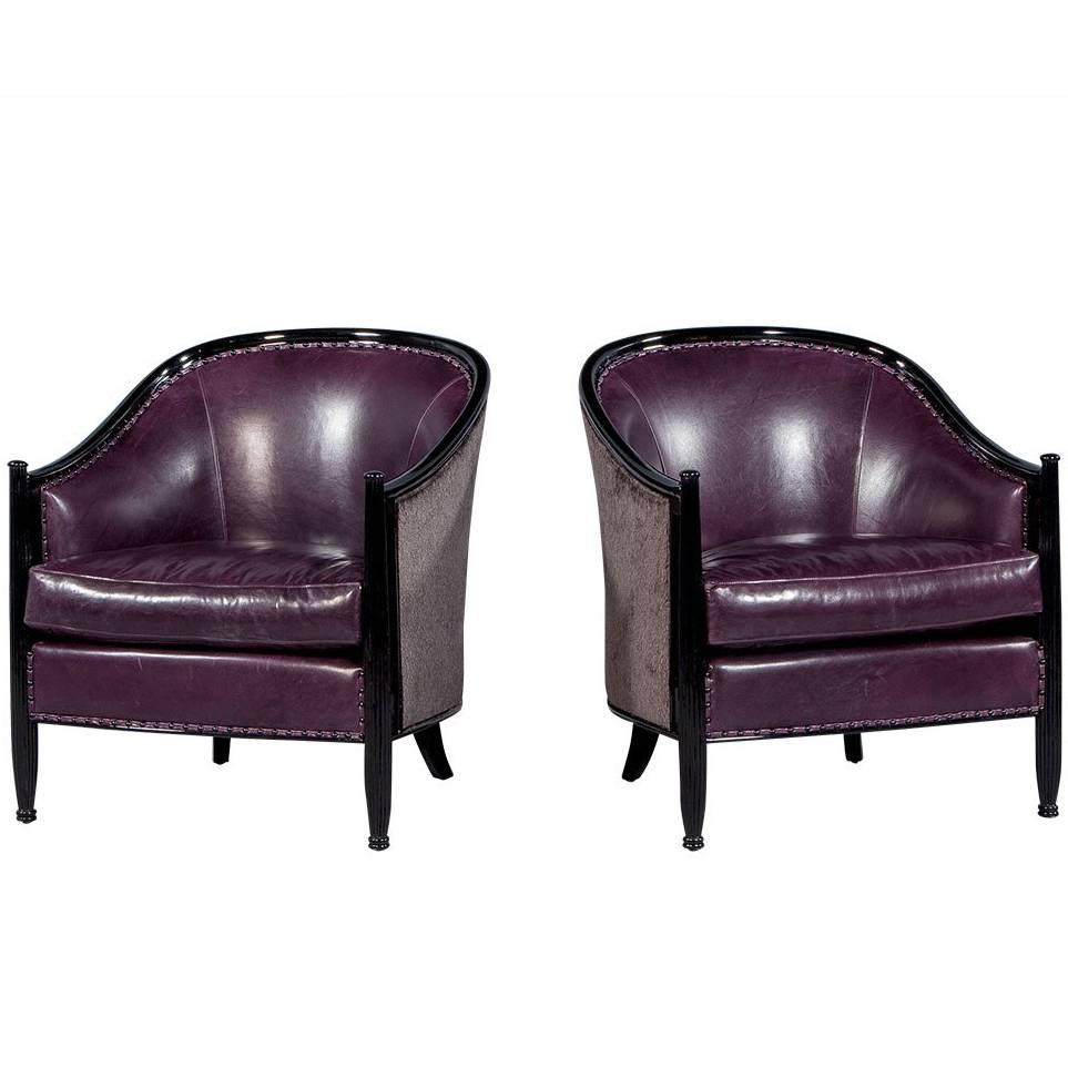 Pair of Art Deco Lounge Chairs in Dark Purple Leather