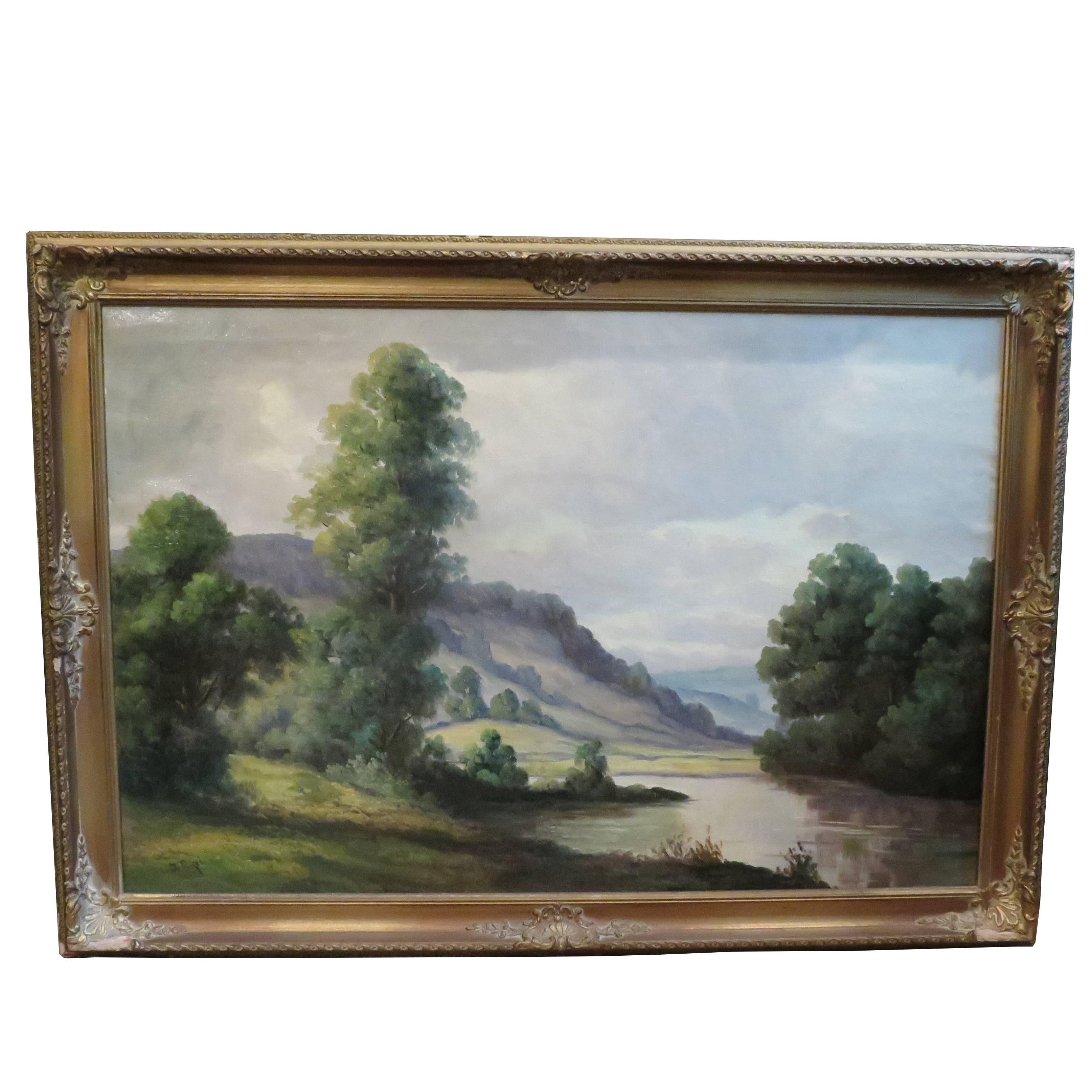 Landscape by River, Oil on Canvas For Sale