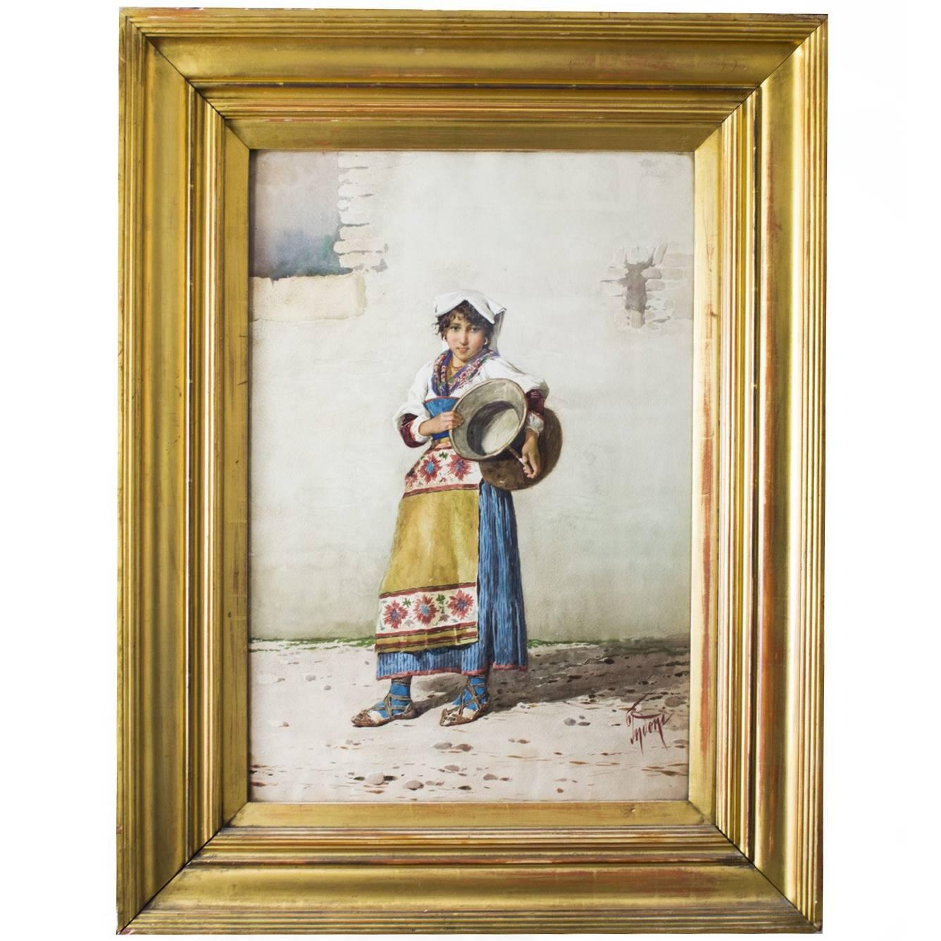 19th Century Watercolour 'Water Carrier' F Indoni For Sale