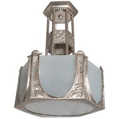Art Deco Paneled Hexagonal Chandelier in Nickeled Bronze and Frosted Glass