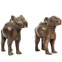 Vintage Pair of Decorative Benin Bronze Leopard Statues from Nigeria