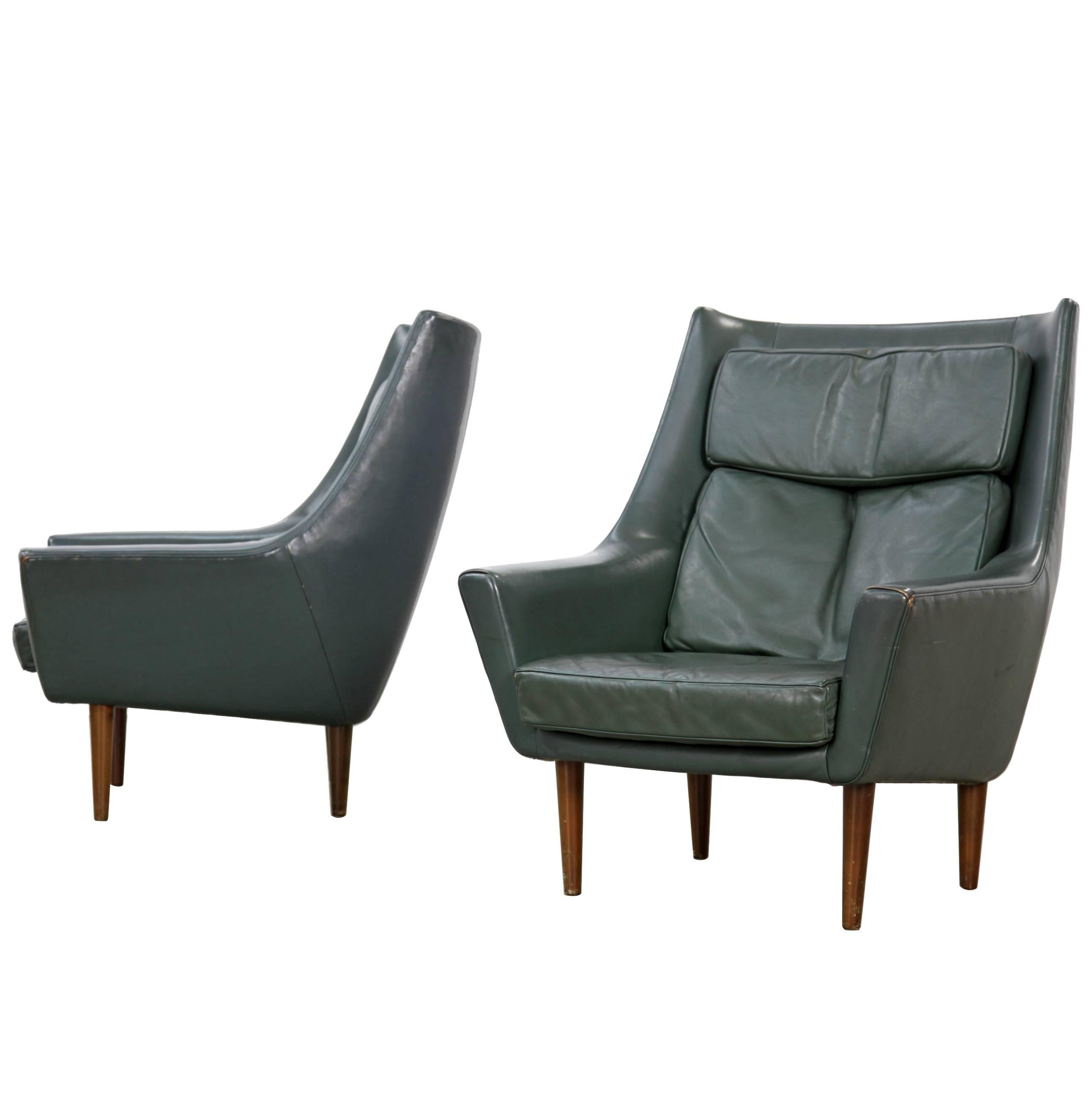 Two Danish Lounge Chairs Hans Olsen Attributed with Dark-Green Original Leather For Sale