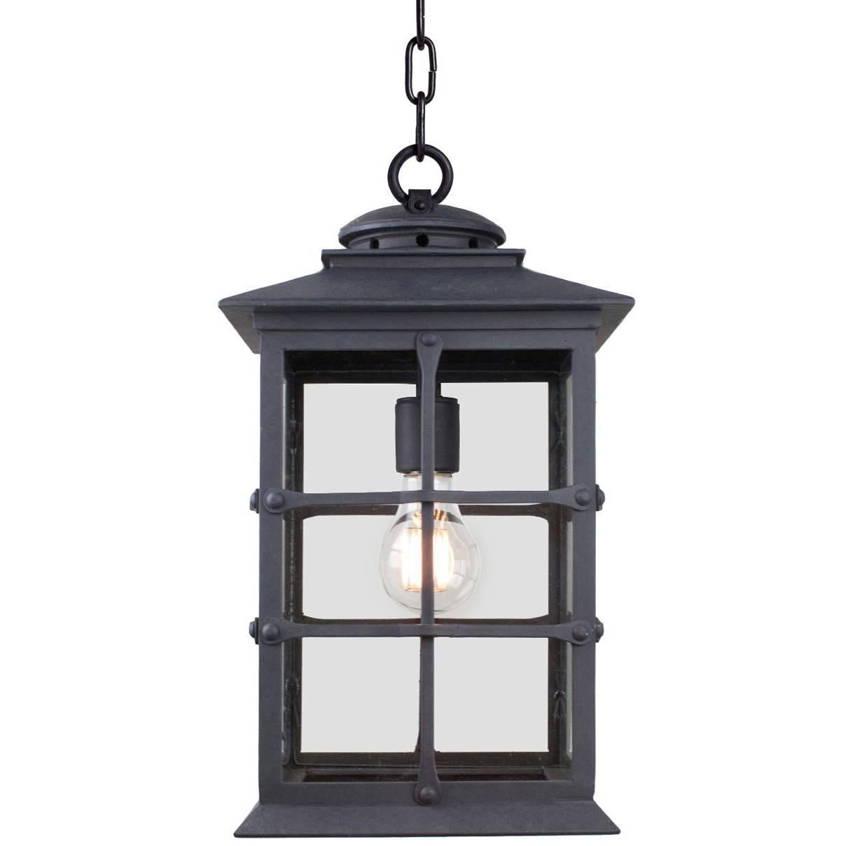 Mission Style Wrought Iron Exterior Pendant Lantern, Grey (Dark Zinc)