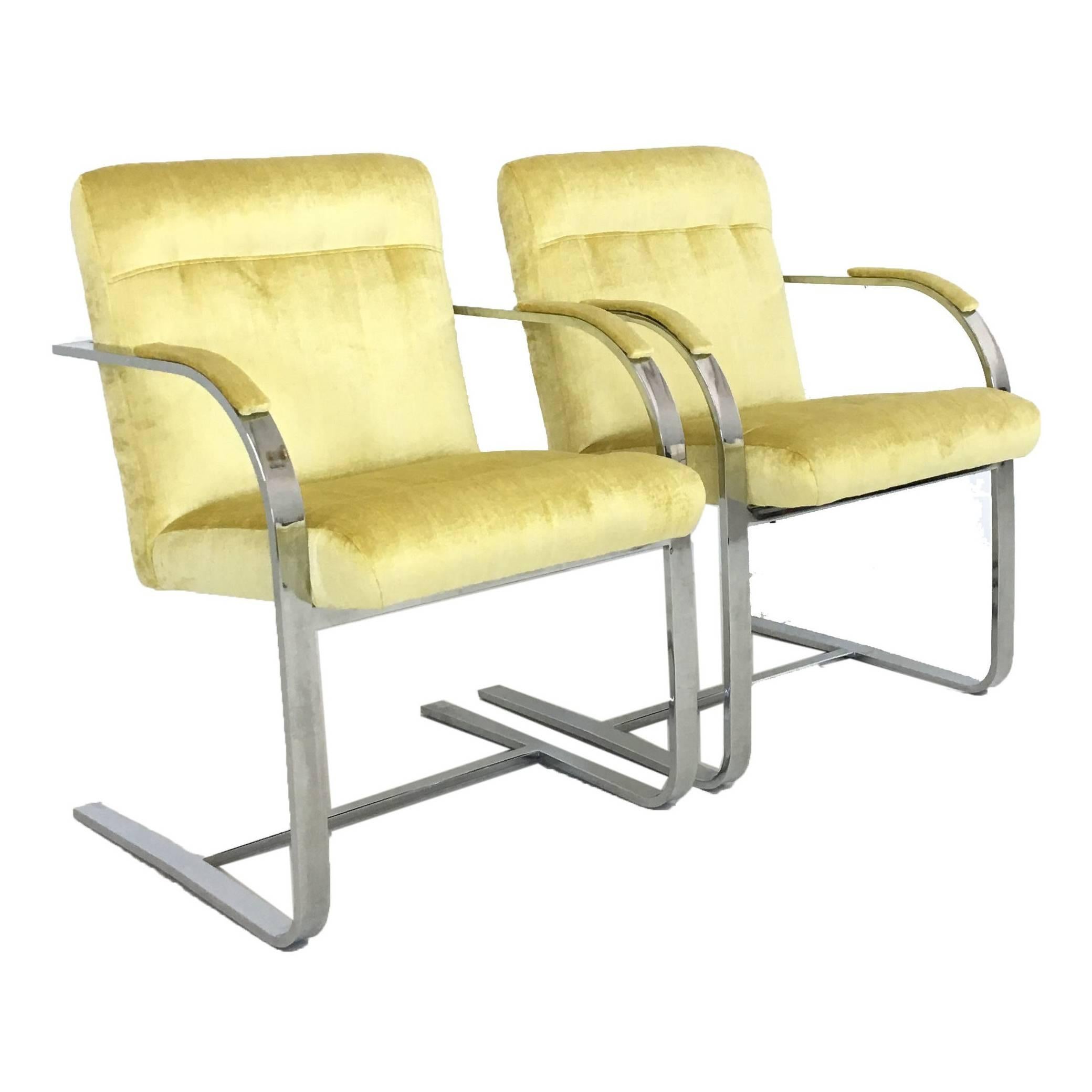 Set of Mid-Century Modern Chrome Framed Canary Velvet Chairs For Sale