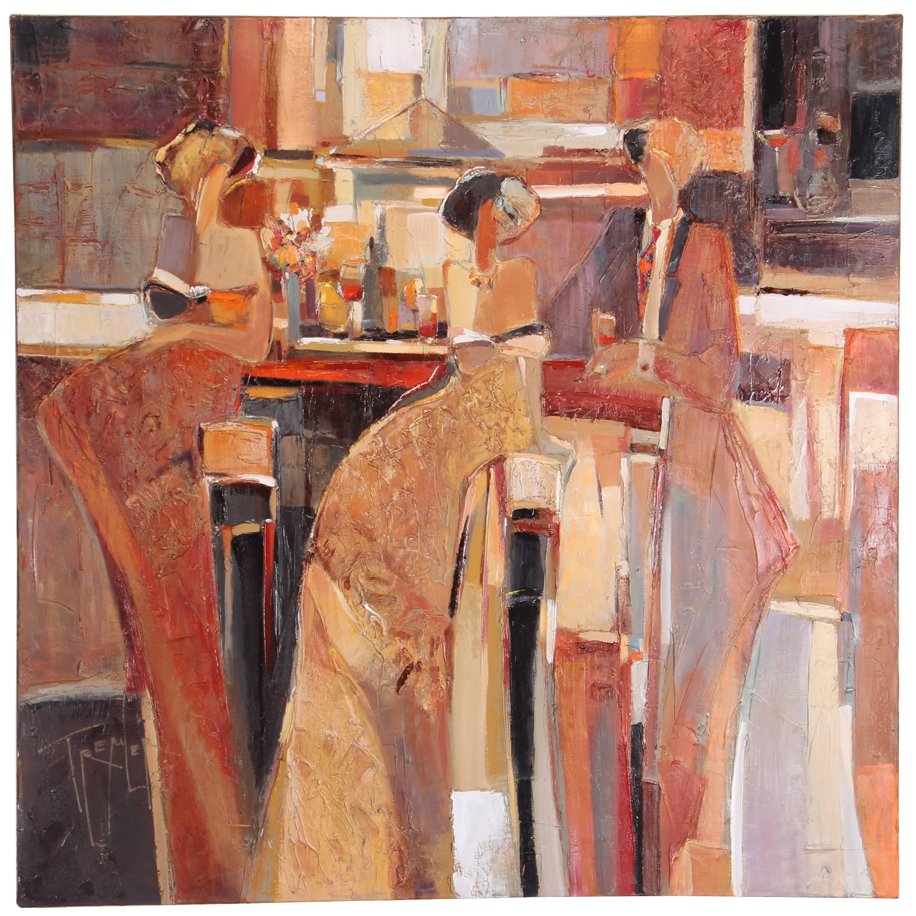 Large Yuri Tremler Oil Painting Bar Scene, 1990s
