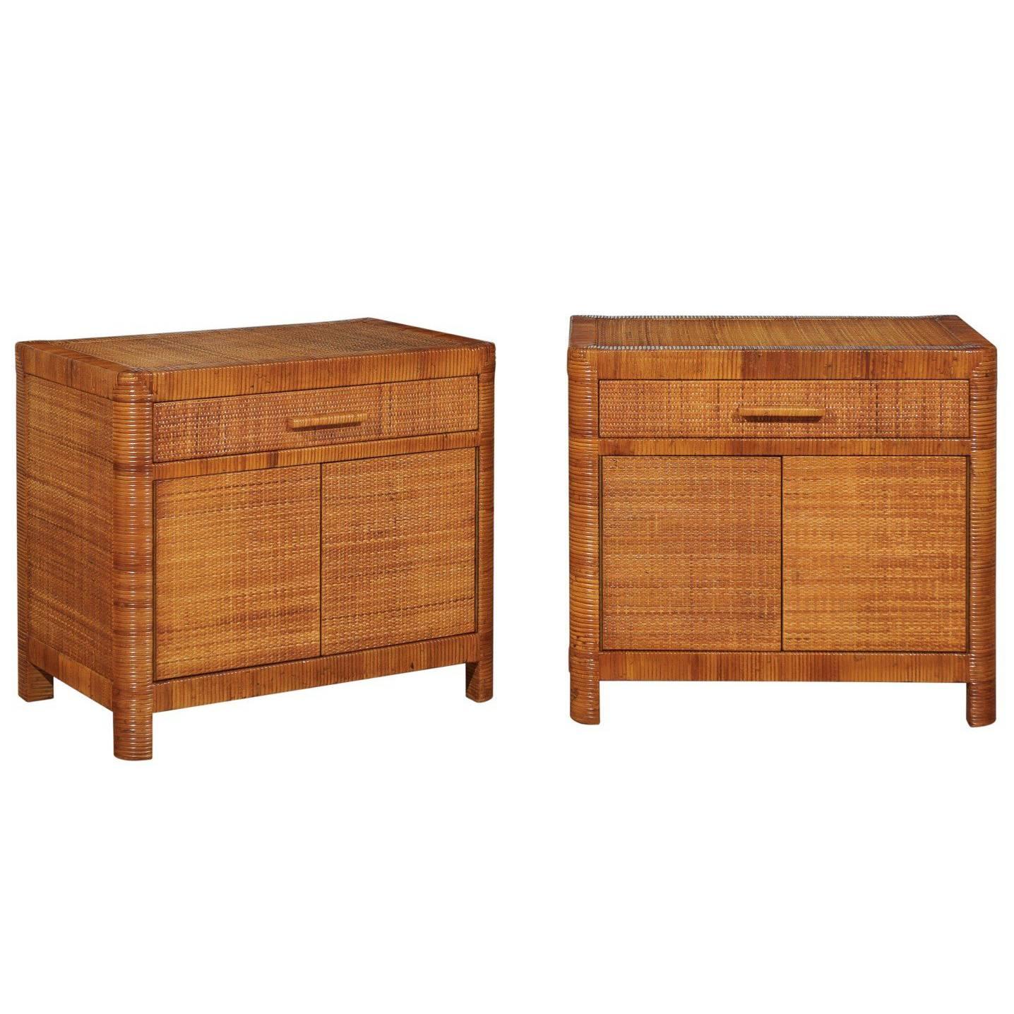 Beautiful Restored Pair of Vintage Cane Cabinets by Bielecky Brothers