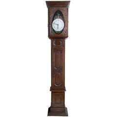 18th Century French Oak Tall Clock with Bronze Rooster and Faience Clock Face 1