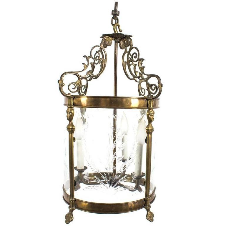 Vintage Etched Glass and Brass ThreeArm Lantern Light Fixture For Sale