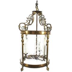 Vintage Etched Glass and Brass Three-Arm Lantern Light Fixture 7
