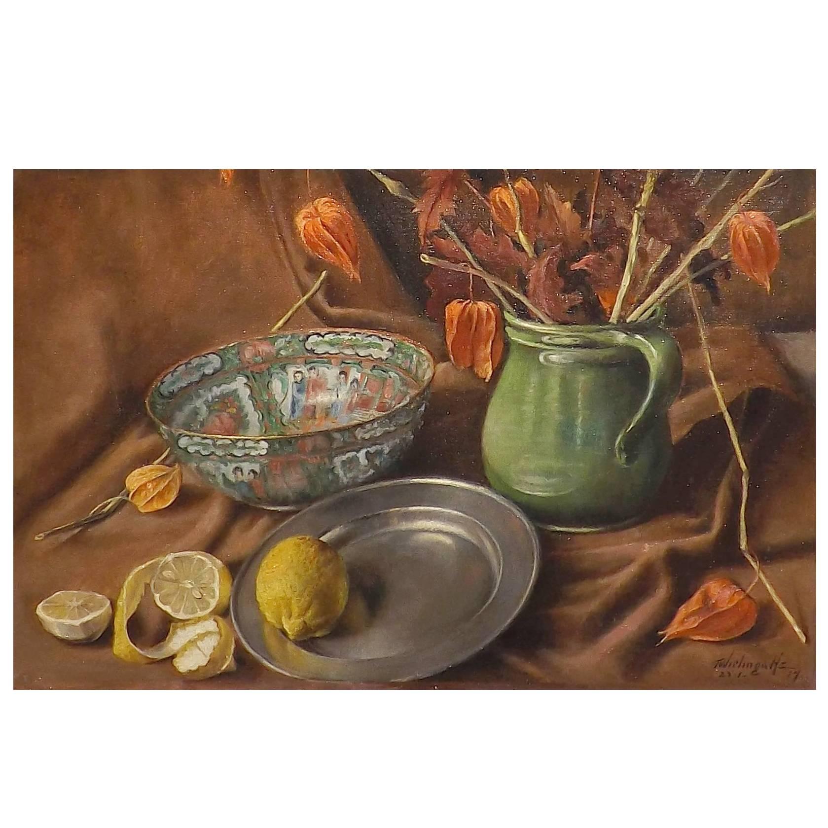 Still Life with Oriental Bowl and Lemons by Dutch Artist Tjerk Wielinga For Sale