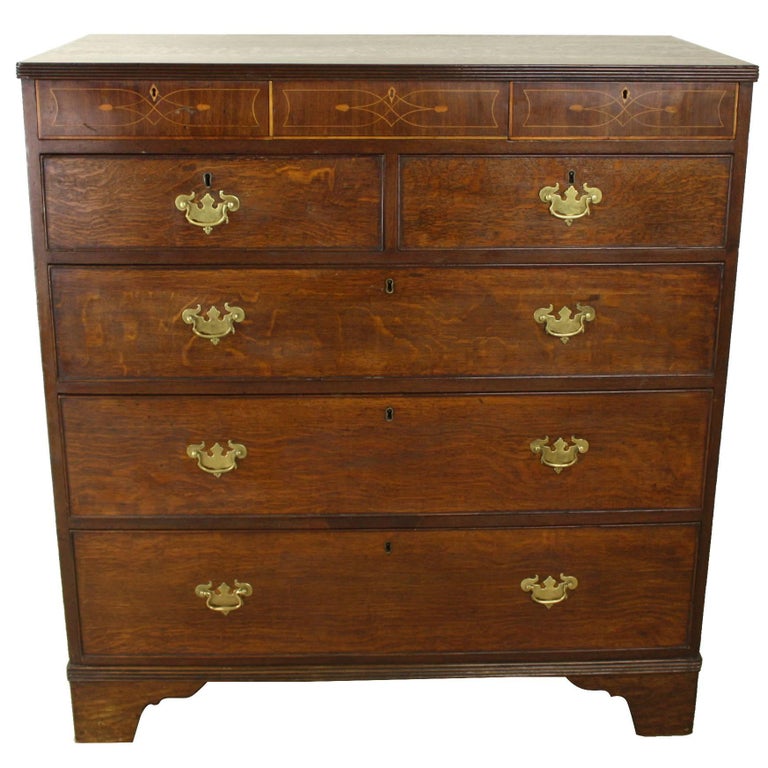 Formal Georgian Oak Chest Of Drawers With Satinwood Inlay For Sale