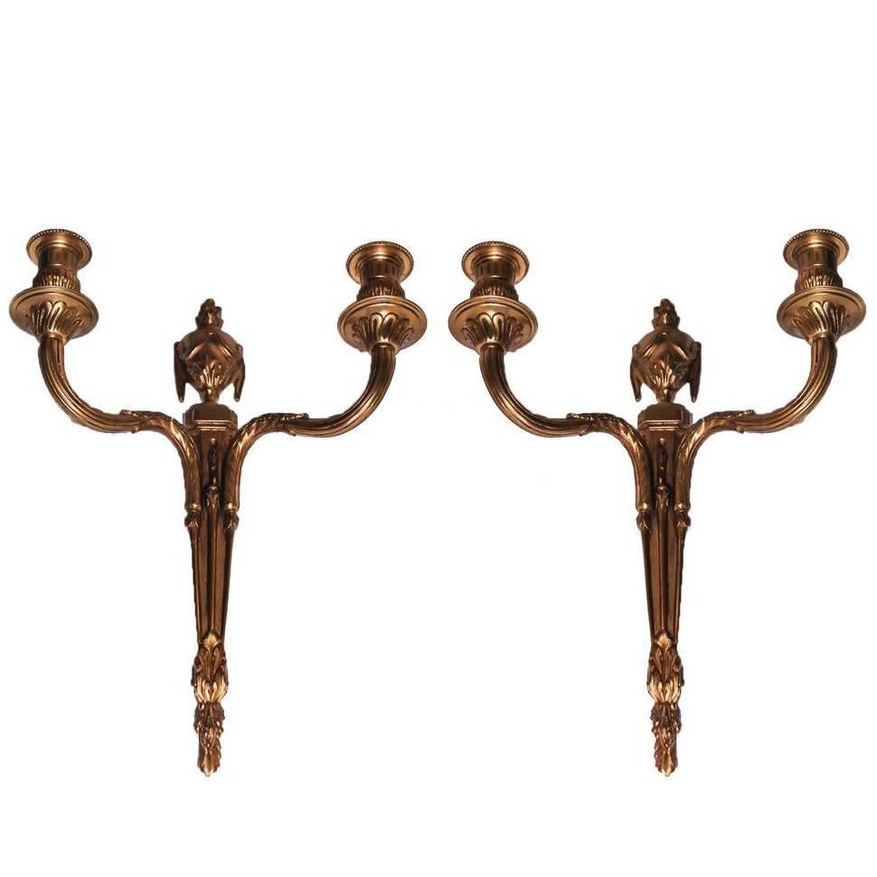 Pair of Vintage French Bronze Classical Wall-Mounted Candelabras