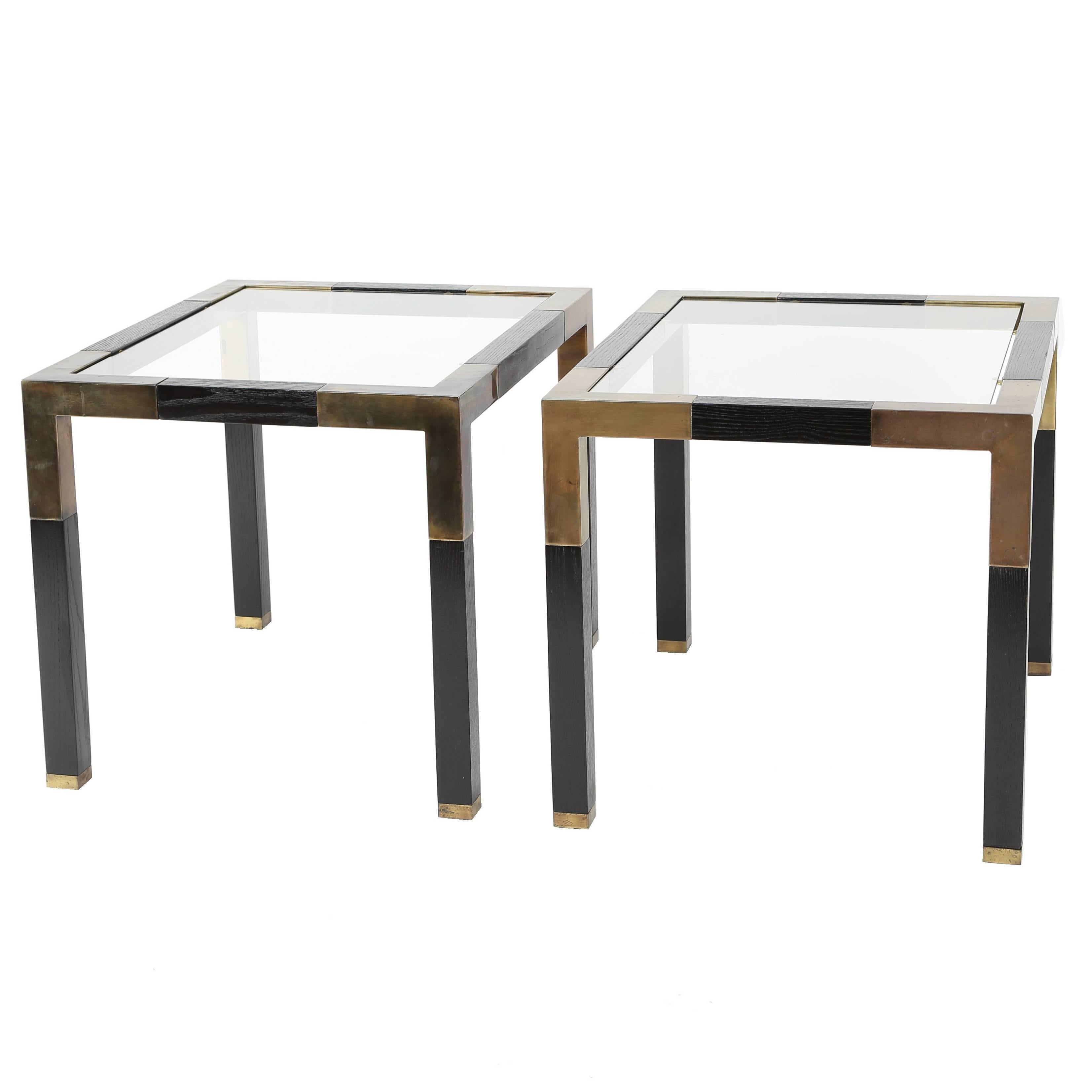Pair of Patinated-Brass and Dark-Wood Parsons-Style End Tables, circa 1970s