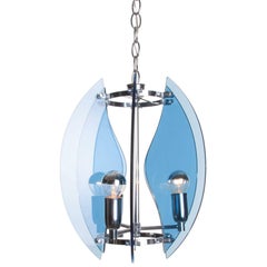 1960's Blue Glass & Chrome 3 light Pendant Attirbuted to Veca