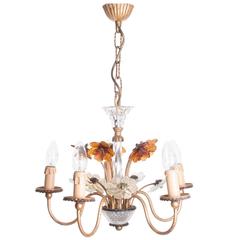 1940s Gold-Plated Brass, Crystal and Molded Glass Five-Light French Chandelier