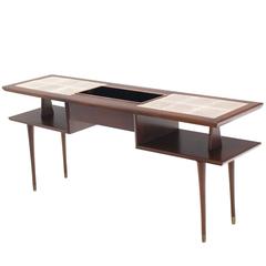 Two-Tier Walnut Sofa Table with Tile Top and Planter