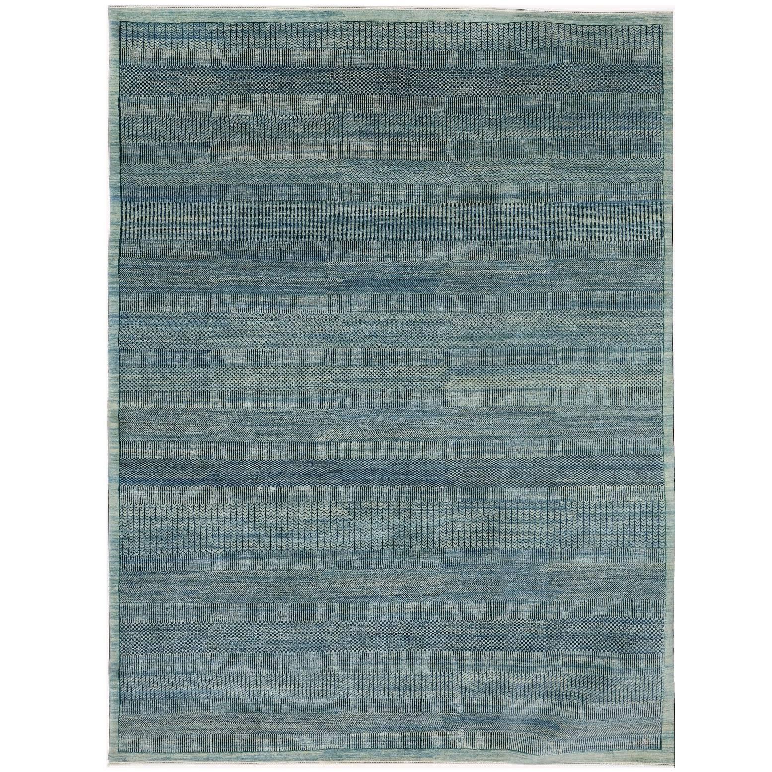 Blue Contemporary Contemporary Rug, Hand-knotted, Wool, 9' x 12' (tapis persan contemporain bleu)