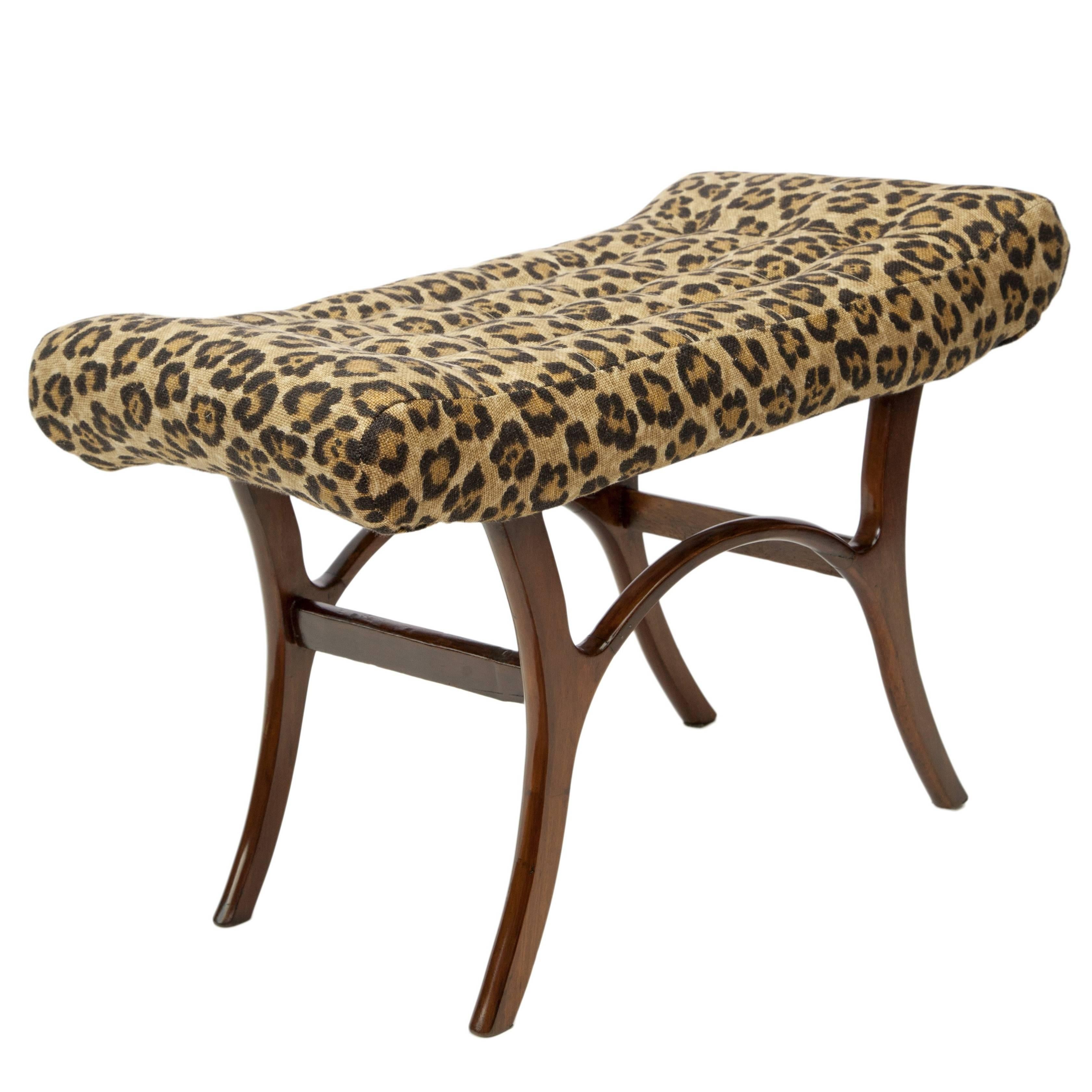 Scapinelli 1950s Brazilian Modern Bench with Linen Leopard Print Seat