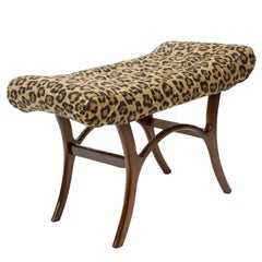 Vintage Scapinelli 1950s Brazilian Modern Bench with Linen Leopard Print Seat