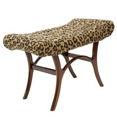 Scapinelli 1950s Brazilian Modern Bench with Linen Leopard Print Seat 2