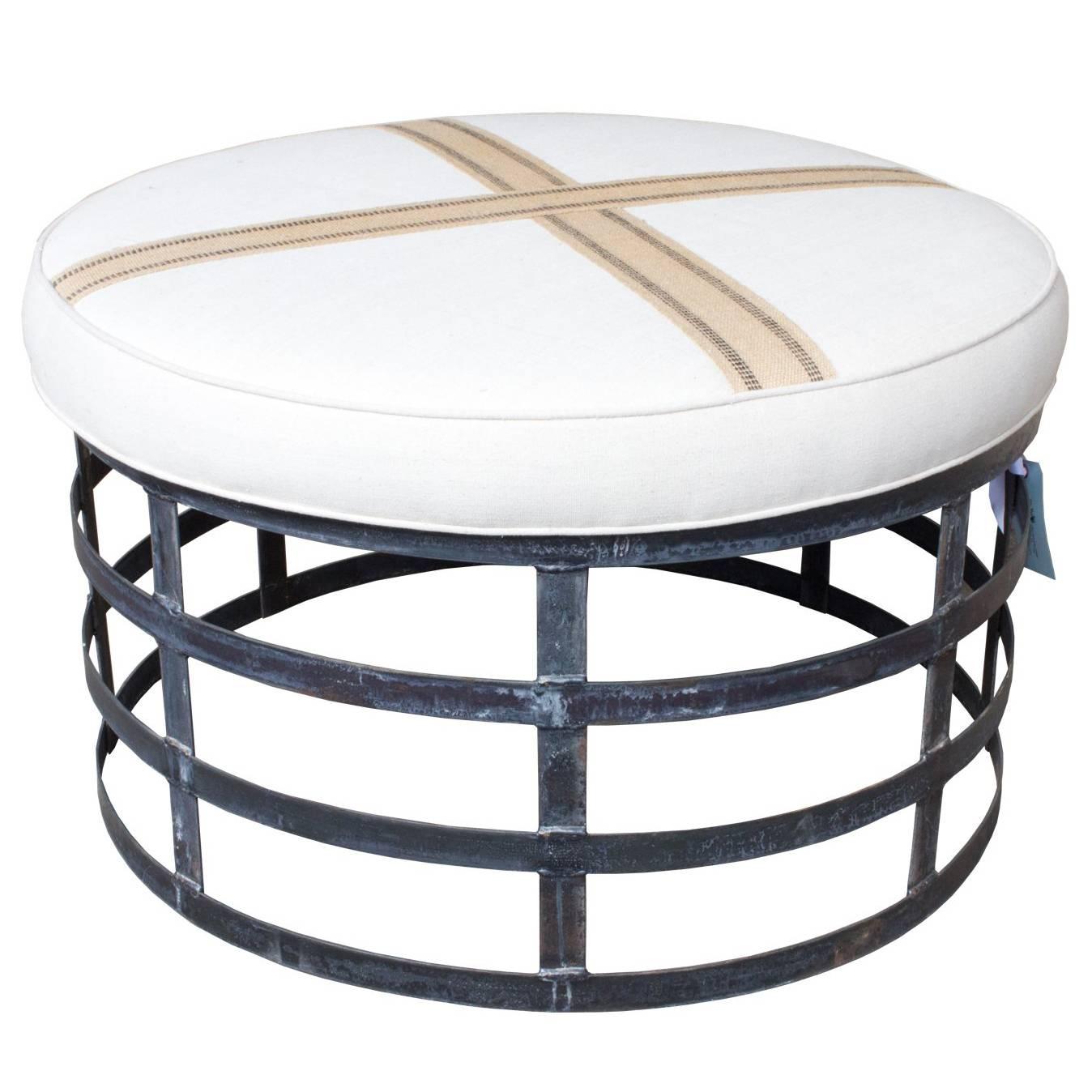 Oversized Round Industrial Style Ottoman with Cotton Linen Upholstery