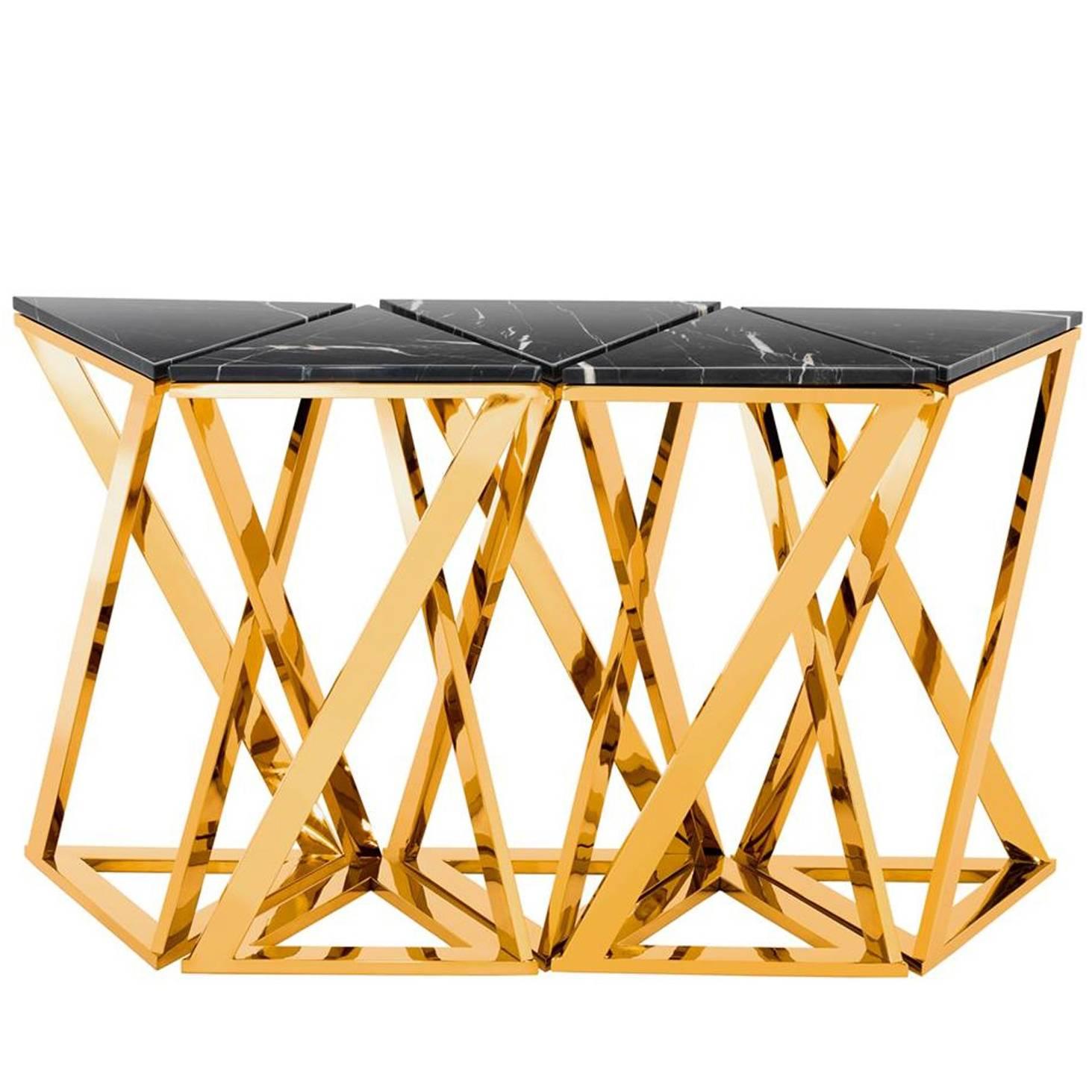 Ellipse Console Set of Five Table in Gold Finish with Black Marble