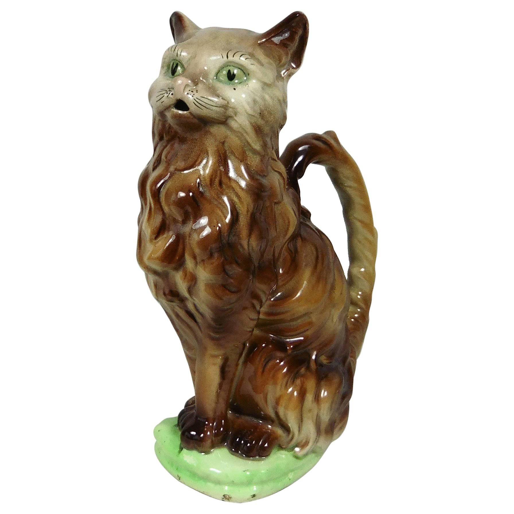 Brown Majolica Cat Pitcher Keller Et Guerin Saint Clement, circa 1900