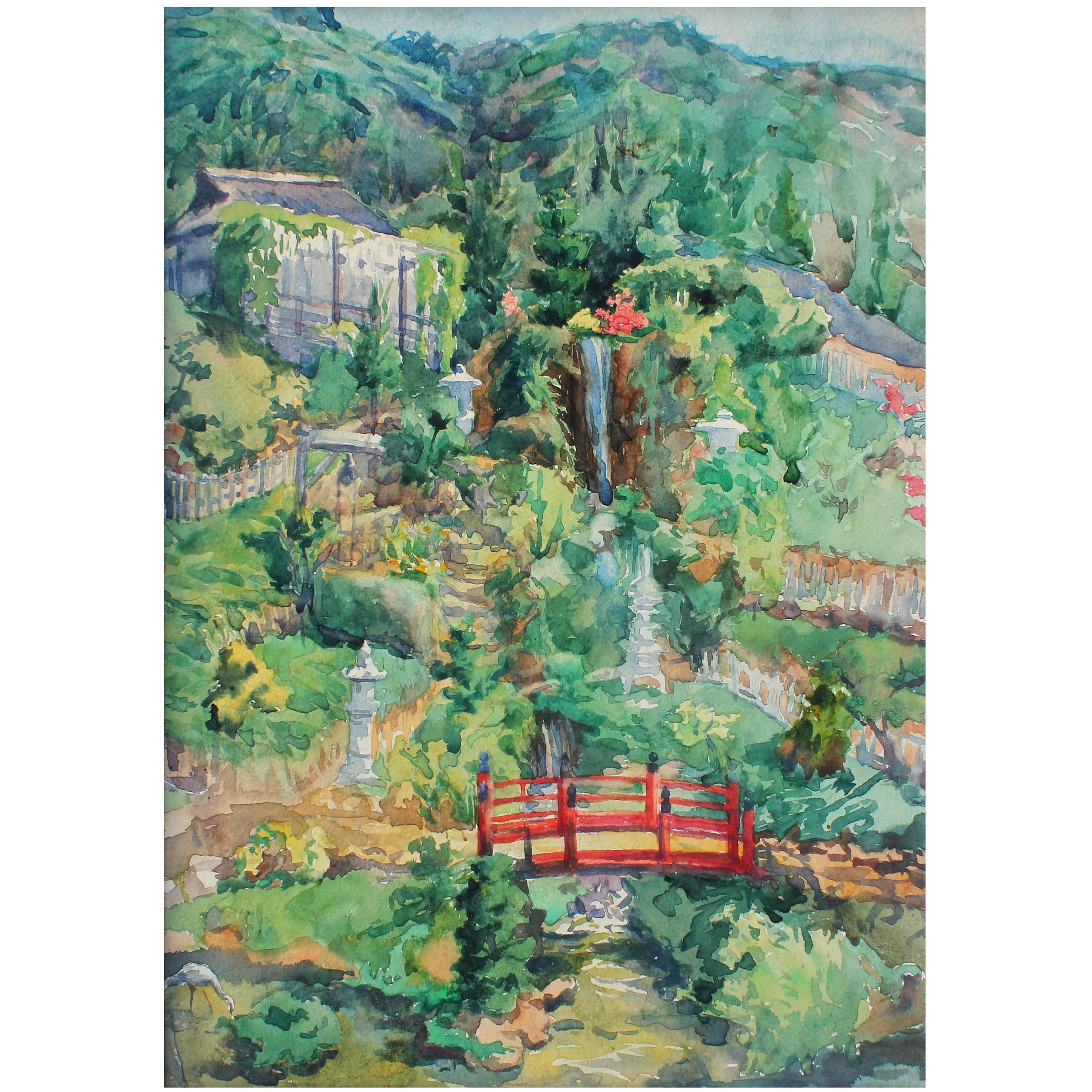 Pair of antique paintings. Watercolors of the Japanese gardens at Wattles Mansion, Los Angeles, California. Painted by Elizabeth Gowdy Baker circa 1915. Matted. Unframed. Estate stamp on reverse. 

Elizabeth Gowdy Baker was born in Xenia, Ohio in