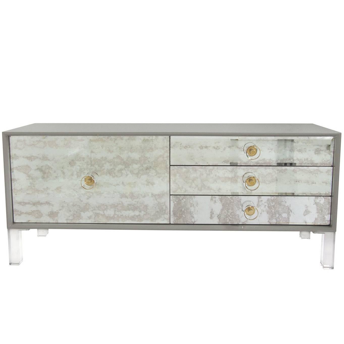Lacquered Grey Sideboard w/ Antique Mirrored Fronts and Lucite Legs & Hardware For Sale