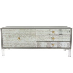 Lacquered Grey Sideboard w/ Antique Mirrored Fronts and Lucite Legs & Hardware