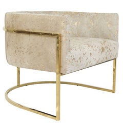 Modern Style Lisbon Accent Chair in Gold Speckled Cowhide w/ Curved Brass Frame