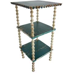 Painted Three-Tiered Spool Side Table with Turtle on Underside, Dated 1895