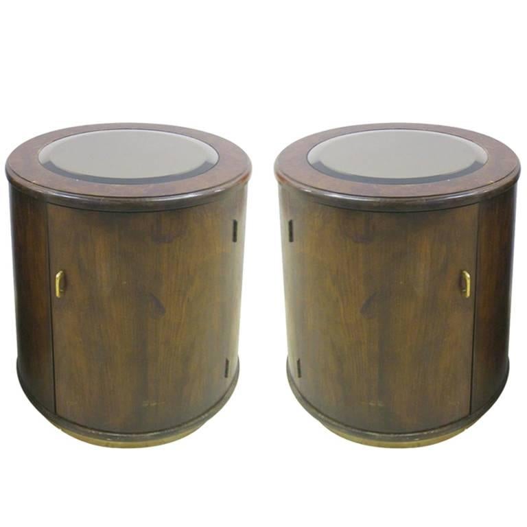 Pair of Mirror Inset Drum Bedside End Tables For Sale