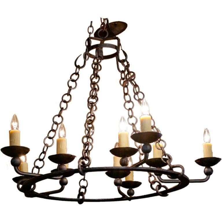 Hand-Forged Cutom Iron "Darke" Chandelier with Ten Lights For Sale