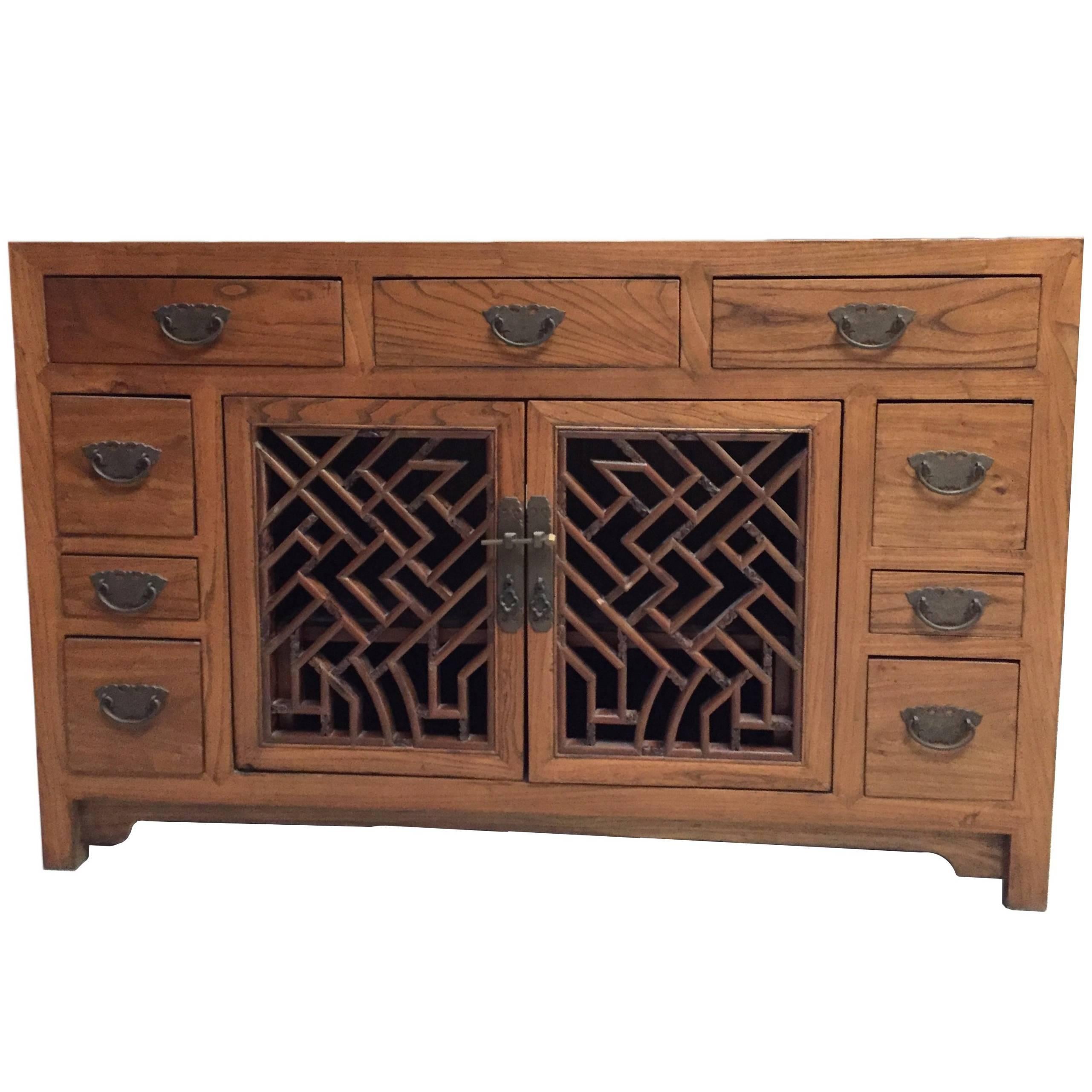 Solid Wood Asian Chest with Antique Lattice Work For Sale