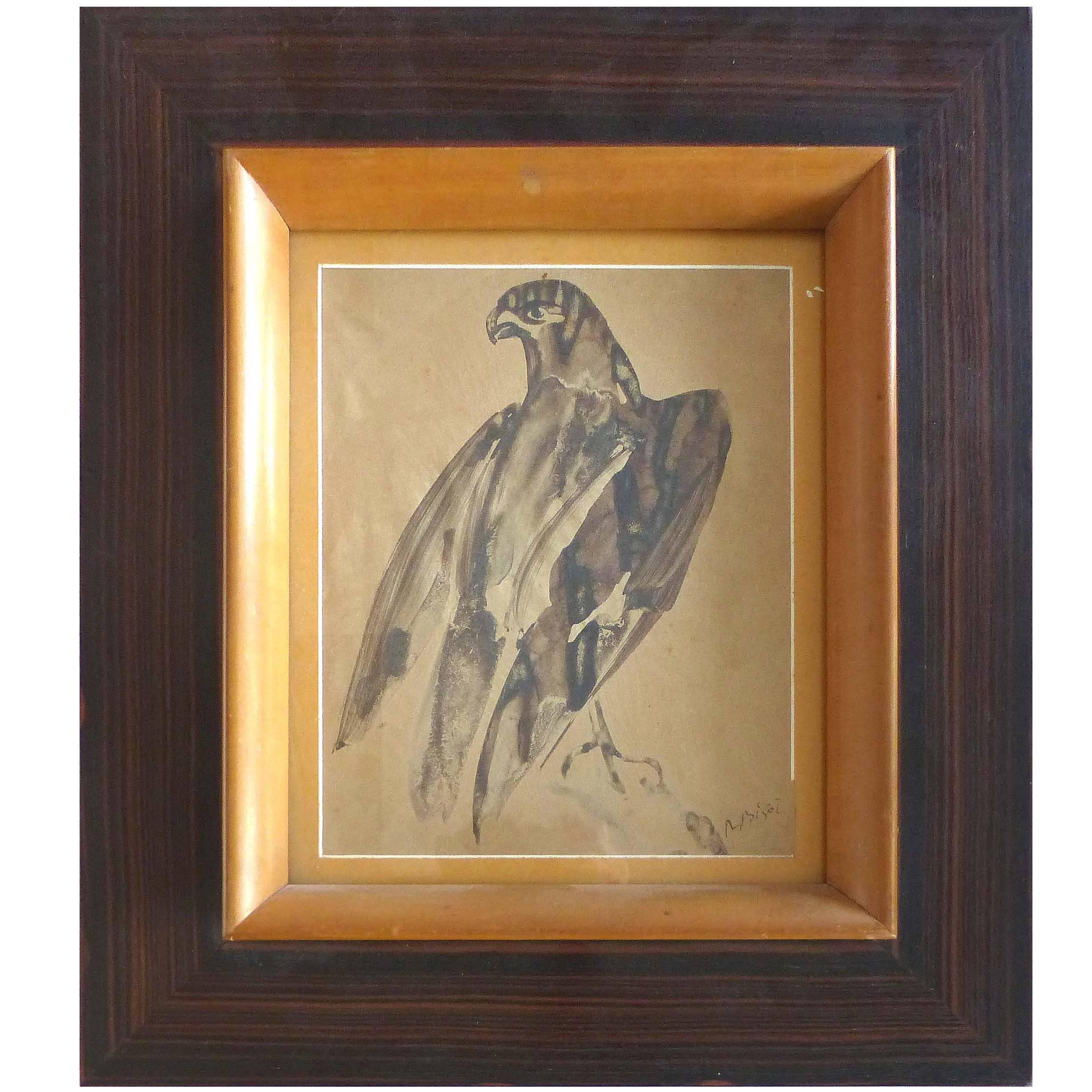 Mid-20th Century French Eagle Watercolor by Raymond Bigot