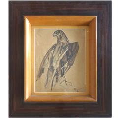 Antique Mid-20th Century French Eagle Watercolor by Raymond Bigot