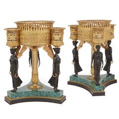 Pair of Empire Style Gilt, Patinated Bronze and Malachite Antique Jardinières